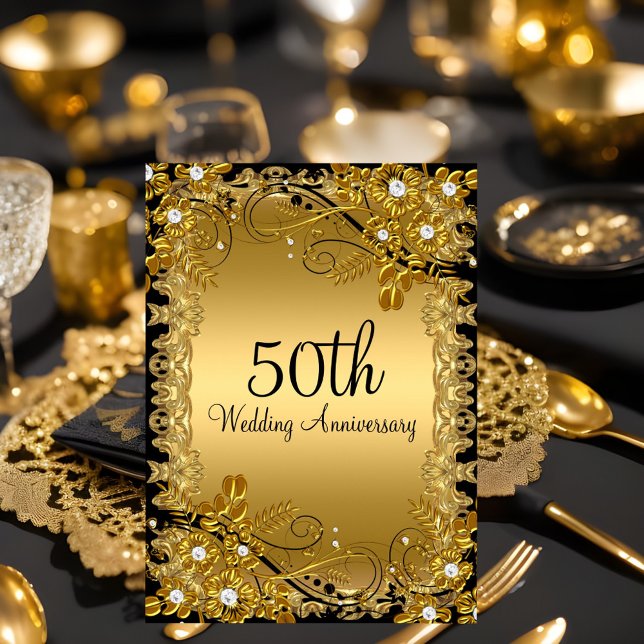 Invitación 50° Aniversario Oro Naranja Floral de Diamante Neg (Subido por el creador)