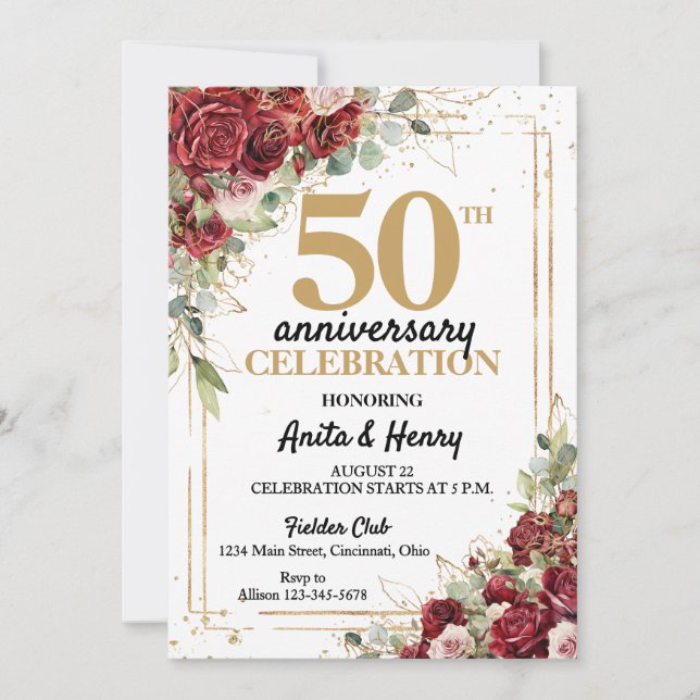 Invitación 50° Aniversario Rosas de marcos rojos y dorados (Anverso)