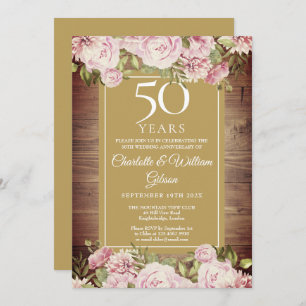 Invitación 50° Aniversario Rústico de las rosas rosadas color