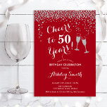 Invitación 50 Aniversario - Saludos A 50 Años De Plata Roja<br><div class="desc">50.ª Invitación de cumpleaños. ¡Salud A 50 Años! Diseño elegante en rojo,  blanco y plateado. Incluye gafas de champán,  letra de guión y confeti de plata purpurina. Perfecto para una elegante fiesta de 50 años. Personaliza con tus propios detalles. Se puede personalizar para mostrar cualquier edad.</div>