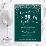 Invitación 50 Aniversario - Saludos A 50 Años De Plata Verde<br><div class="desc">50.ª Invitación de cumpleaños. ¡Salud A 50 Años! Diseño elegante en verde,  blanco y plateado. Incluye gafas de champán,  letra de guión y confeti de plata purpurina. Perfecto para una elegante fiesta de 50 años. Personaliza con tus propios detalles. Se puede personalizar para mostrar cualquier edad.</div>