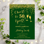 Invitación 50 Aniversario - Saludos A 50 Años De Verde Oro<br><div class="desc">50.ª Invitación de cumpleaños. ¡Salud A 50 Años! Elegante diseño en verde y dorado. Incluye gafas de champán,  letra de guión y confeti. Perfecto para una elegante fiesta de 50 años. Personaliza con tus propios detalles. Se puede personalizar para mostrar cualquier edad.</div>