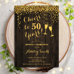 Invitación 50 Aniversario - Saludos A La Madera De Oro De 50<br><div class="desc">50.ª Invitación de cumpleaños. ¡Salud A 50 Años! El diseño rústico presenta un patrón de madera marrón oscura,  vasos de champán,  letra de guión y confeti. Perfecto para una elegante fiesta de 50 años. Personaliza con tus propios detalles. Se puede personalizar para mostrar cualquier edad.</div>