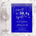 Invitación 50 Aniversario - Saludos Al Azul Real De 50 Años<br><div class="desc">50.ª Invitación de cumpleaños. ¡Salud A 50 Años! Diseño elegante en azul real,  blanco y plateado. Incluye gafas de champán,  letra de guión y confeti de plata purpurina. Perfecto para una elegante fiesta de 50 años. Personaliza con tus propios detalles. Se puede personalizar para mostrar cualquier edad.</div>