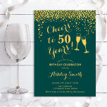 Invitación 50 Aniversario - Saludos Al Verde Esmeralda De 50<br><div class="desc">50.ª Invitación de cumpleaños. ¡Salud A 50 Años! Diseño elegante en verde esmeralda y oro. Incluye gafas de champán,  letra de guión y confeti. Perfecto para una elegante fiesta de 50 años. Personaliza con tus propios detalles. Se puede personalizar para mostrar cualquier edad.</div>