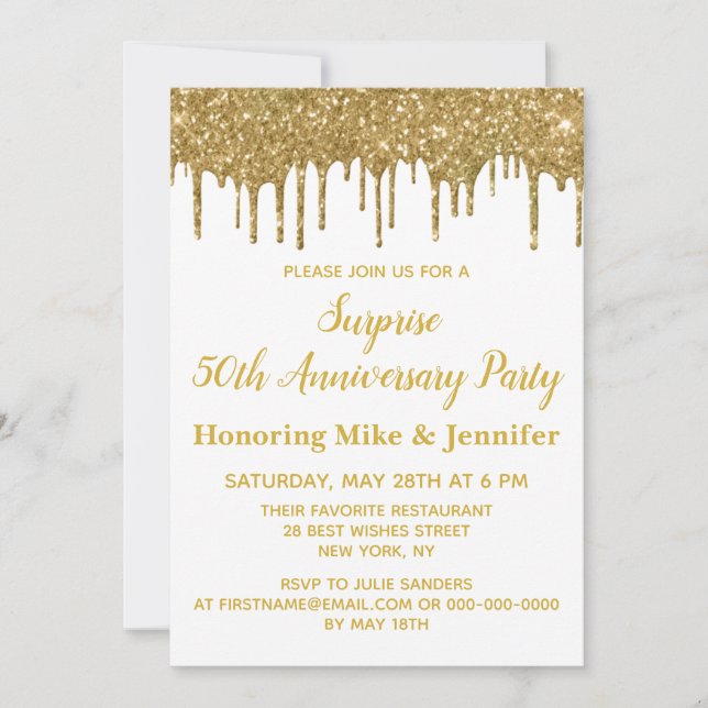Invitación 50° Aniversario Sorpresa Fiesta Purpurina de Oro B (Anverso)