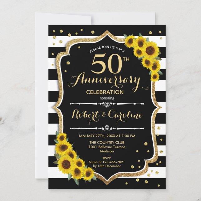 Invitación 50° Aniversario - Sunflowers Black White Stripes (Anverso)