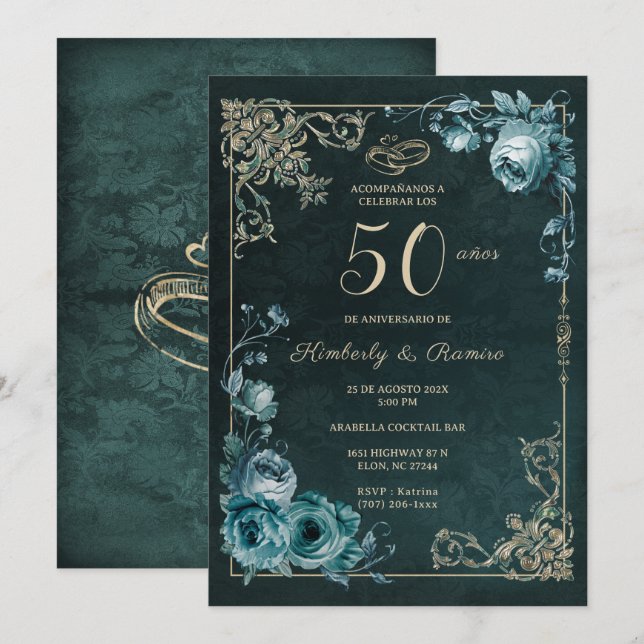 Invitación 50 Aniversario Vintage Floral (Anverso / Reverso)