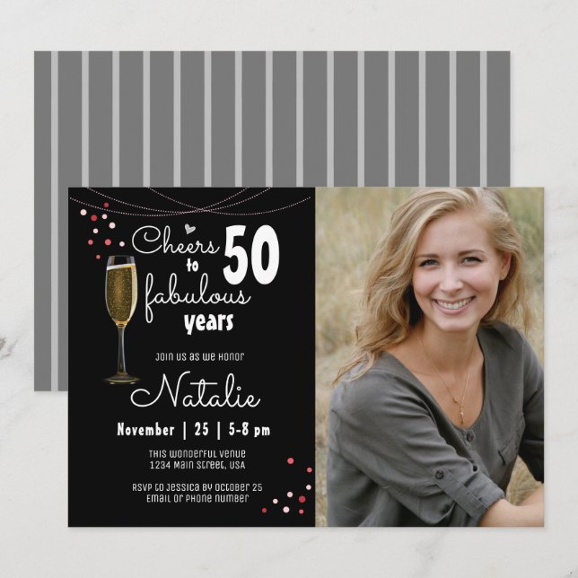 Invitación 50 años, 50 años, alegría, negro (Anverso / Reverso)