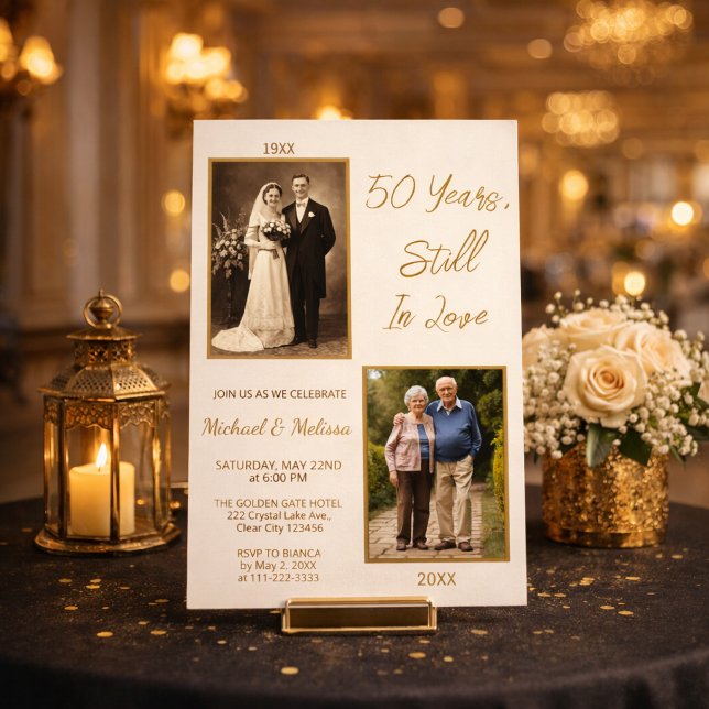 Invitación 50 Años Aún Enamorados Oro (Golden anniversary invitation with then and now photos in elegant ivory and gold)