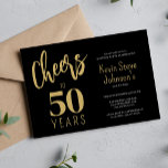 Invitación 50 años de alegría por 50 años de negro dorado mod<br><div class="desc">Guión moderno de escritura informal de escritura falsa de oro anima a la invitación de fiesta de 50 años de cumpleaños.</div>