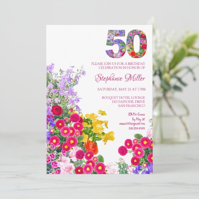 Invitación 50 años de elegancia de flores de jardín - 50 cump (Anverso de pie)