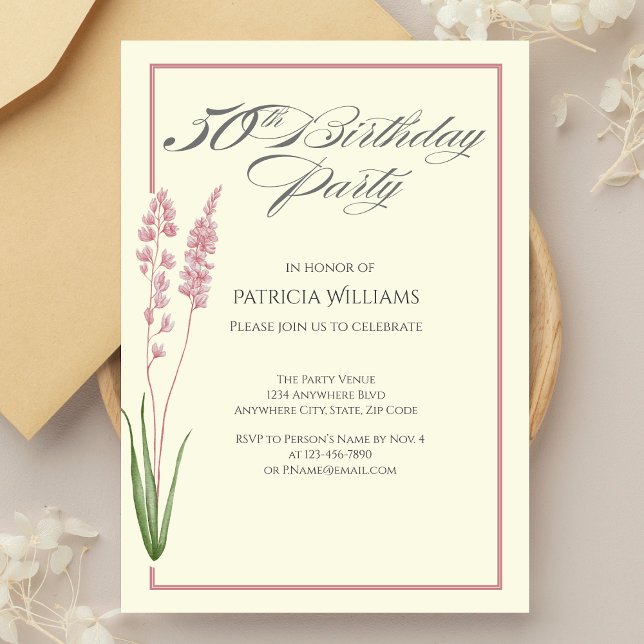 Invitación 50 años de la elegante pastel Wildflower Woman (Subido por el creador)