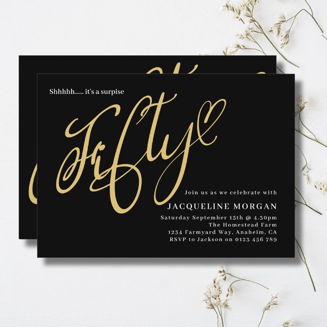 Invitación 50 años del Oro Negro (50th birthday party invitation in black and gold on a light background)