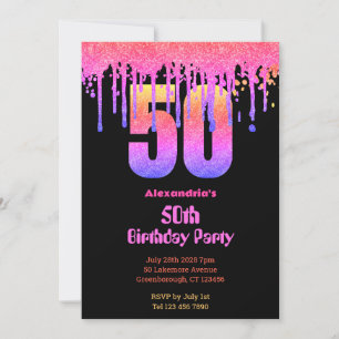 Invitación 50 años fiesta de purpurina negro rosado oscuro