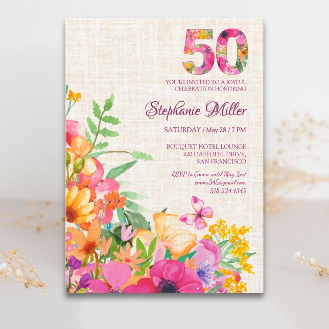 Invitación 50 Años Flores Floral Lino Cumpleaños 50 (Subido por el creador)