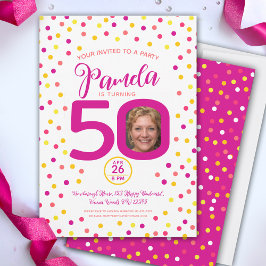 Invitación 50 años personalizado foto confeti amarillo rosado