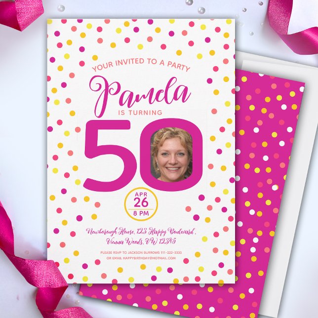 Invitación 50 años personalizado foto confeti amarillo rosado (Subido por el creador)