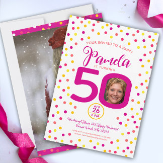 Invitación 50 años personalizado fotos confetti amarillo rosa
