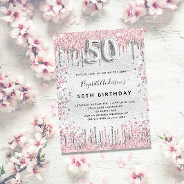 Invitación 50 años purpurina rosa plata gotea