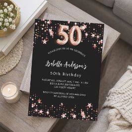 Invitación 50 años rosa negro estrellas de oro lujo