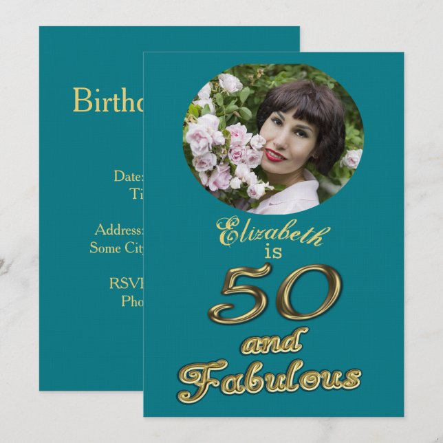 Invitación 50 años y fabuloso cumpleaños oro Verde azulado az (Anverso / Reverso)