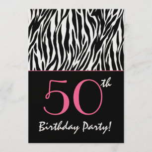 Invitación 50 años Zebra estampadas en blanco negro con rosa