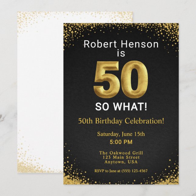Invitación 50 Así que qué Oro Negro 50 Cumpleaños (Anverso / Reverso)