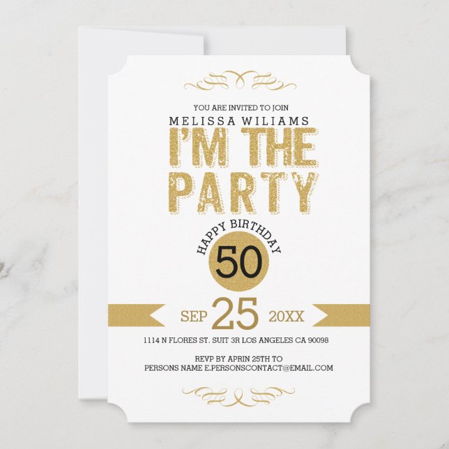 Invitación 50 Birthday-Gold Purpurina Textos Soy el Fiesta (Anverso)