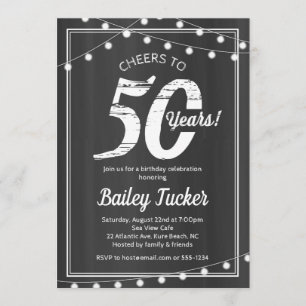 Invitación 50° Birthday String Lights on Chalkboard