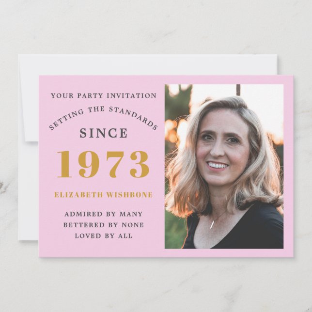 Invitación 50 cumpleaños 1973 foto de nombre gris rosado (Anverso)