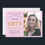 Invitación 50 cumpleaños 1973 foto de nombre gris rosado<br><div class="desc">Para los que celebran su cumpleaños, tenemos la invitación ideal para la fiesta de cumpleaños con la oportunidad de añadir una foto. El fondo rosa con un diseño de tipografía gris y dorada es sencillo y elegante. Personalizar fácilmente el texto de este regalo de cumpleaños usando la plantilla proporcionada. Buscar...</div>