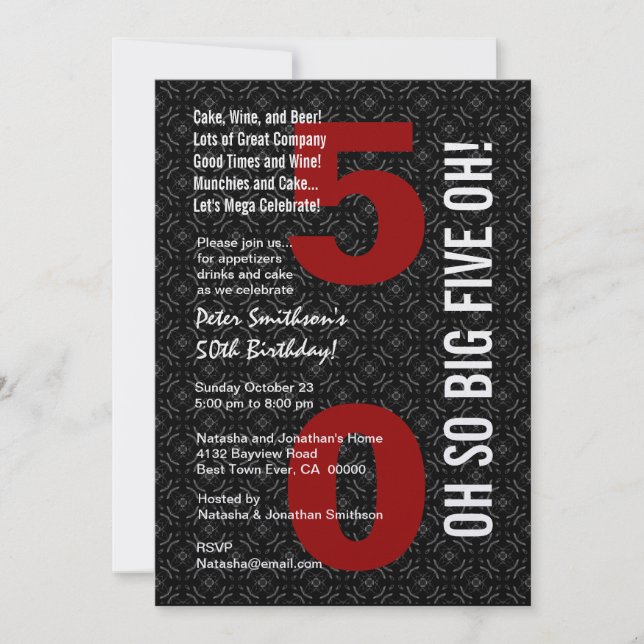 Invitación ¡50 cumpleaños blanco negro GRANDES CINCO! W1489 (Anverso)