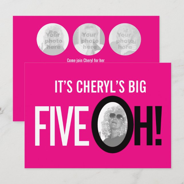 Invitación 50 cumpleaños CINCO OH! foto paisaje retro rosado (Anverso / Reverso)