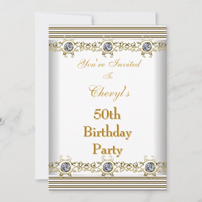 Invitación 50 cumpleaños fiesta blanco plata oro (Anverso)