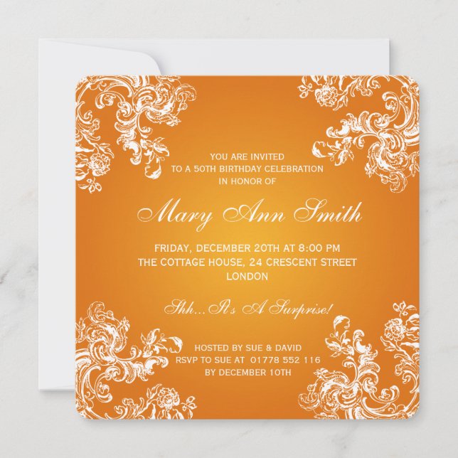 Invitación 50 cumpleaños fiesta de cosquillas Swirls 2 Naranj (Anverso)