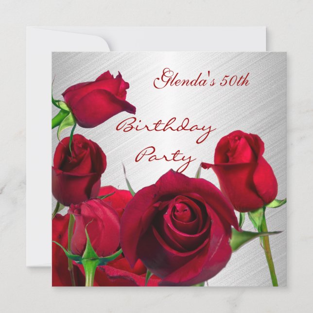 Invitación 50 cumpleaños fiesta rosas rojas blanca (Anverso)