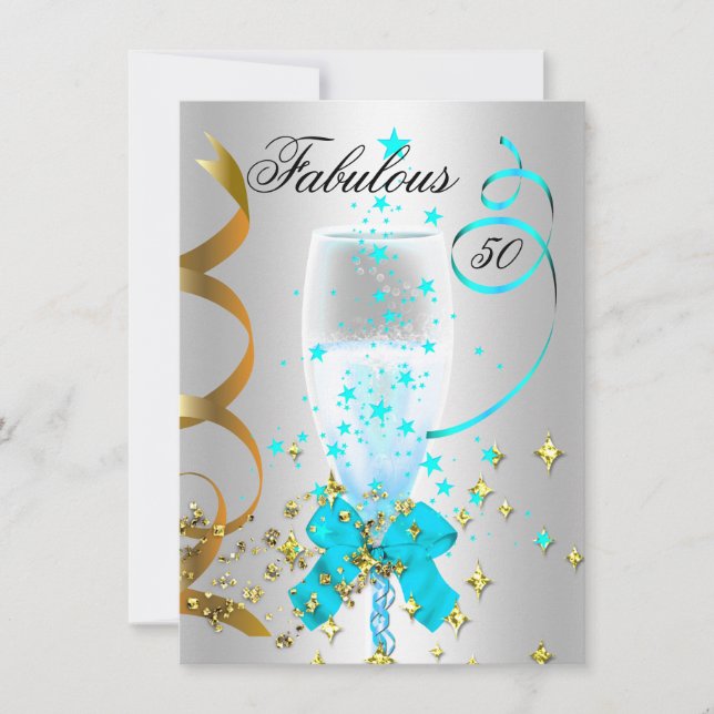 Invitación 50 Cumpleaños Fiesta Teal Plata Oro (Anverso)