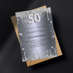 Invitación 50 cumpleaños purpurina de plata gotea lujo brilla