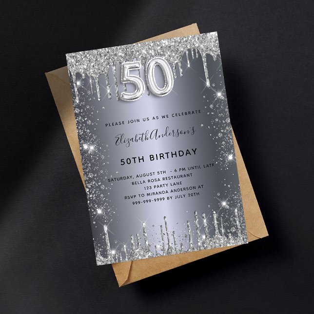 Invitación 50 cumpleaños purpurina de plata gotea lujo brilla (Subido por el creador)