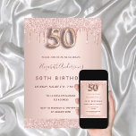 Invitación 50 cumpleaños rosa purpurina oro gotea glam rosa<br><div class="desc">Una invitación moderna, elegante y glamurosa para una fiesta de cumpleaños número 50. Un rosa falso de fondo metálico dorado con un elegante goteo rosa de purpurina dorado, pinta goteo. El nombre está escrito con un guión moderno de estilo con letras de color rosa oscuro y dorado. Personalice y agregue...</div>