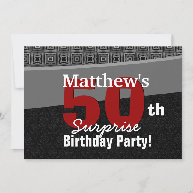 Invitación 50° cumpleaños sorpresa blanco negro rojo Y327 (Anverso)