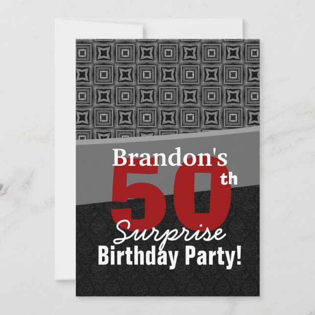 Invitación 50° cumpleaños sorpresa blanco negro rojo Y328 (Anverso)