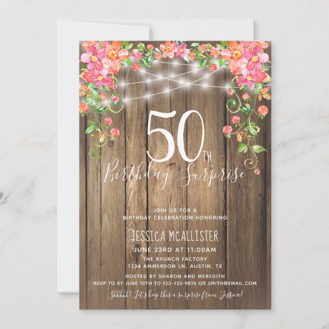 Invitación 50 cumpleaños sorpresa brunch rústica de madera fl (Anverso)