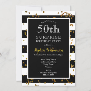 Invitación 50 cumpleaños sorpresa negro y blanco   Brillo