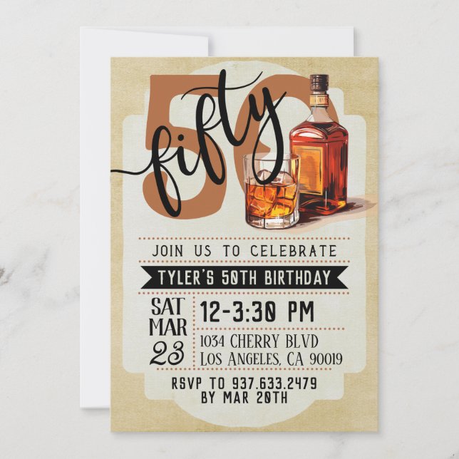 Invitación 50 cumpleaños Whisky y Puros (Anverso)