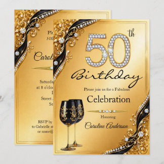Invitación 50 Elegante Cumpleaños de Diamante de Oro Negro