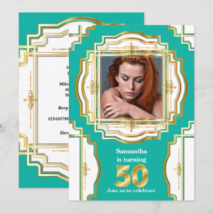 Invitación 50° elegante marco verde azulado dorado blanco cin
