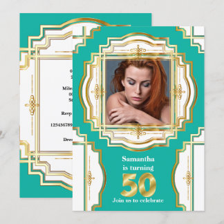 Invitación 50° elegante marco verde azulado dorado blanco cin