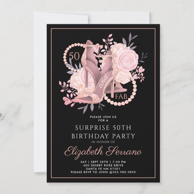 Invitación 50 Fab Rosa Gold Purpurina Bailando Zapatos Cumple (Anverso)